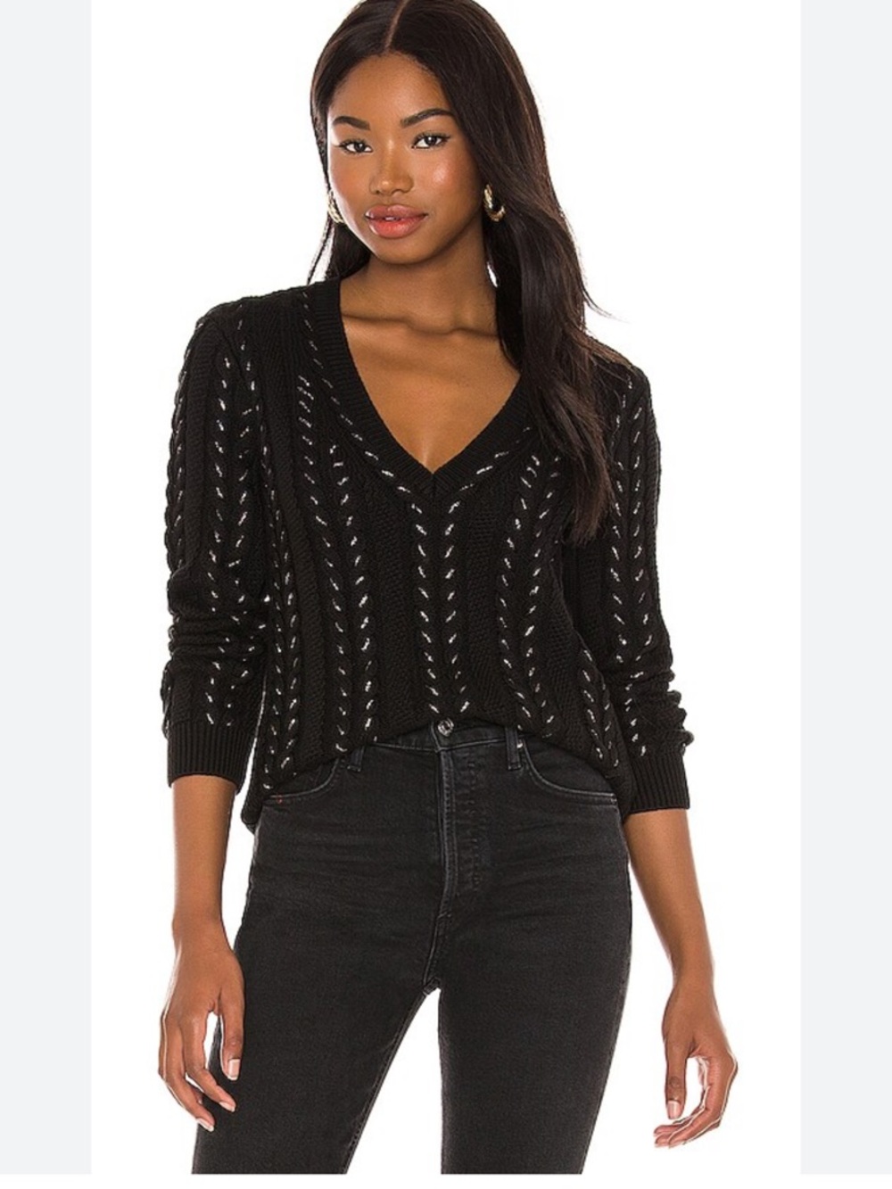 Revolve Paige Dorthea  V-Neck  Cable Knit Women’s Sweater Black with Metallic